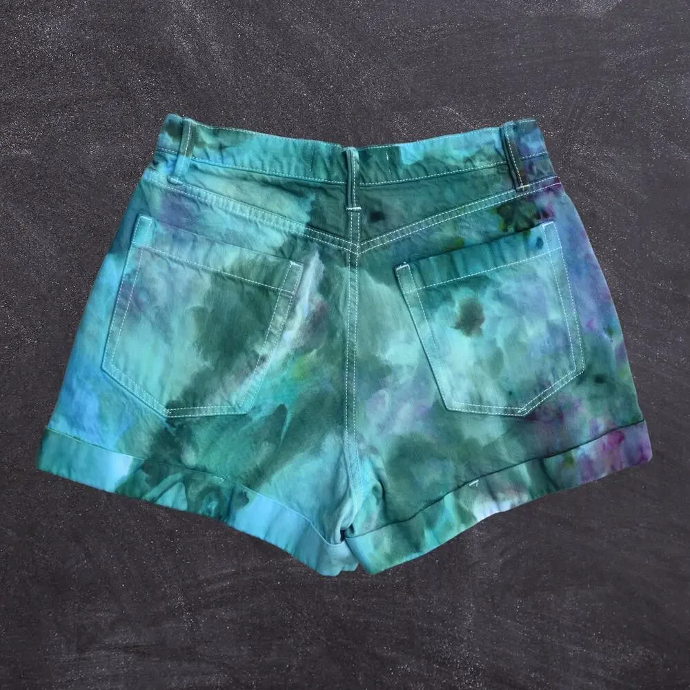 Ice Dyed Denim Shorts - High-rise Pleated - Upcycled - Jade Purple (Women's 27)